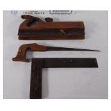 4 pc Lot:  wood plane, square and key hole saw