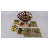 Basket with hanging wall decor.