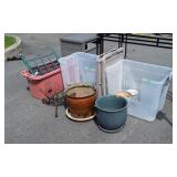 Plastic totes, wire planter stand, 2 ceramic