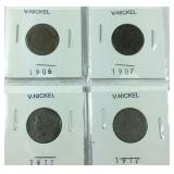 Four V nickels, 1906, 1907, 1911, 1912