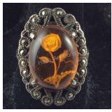 Vintage Reverse Carved Flower Amber Ring, 6.1