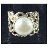 Signed AS ISRAEL Pearl Ring with Leaf Accents,