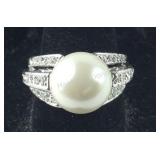 Large Pearl & CZ Ring,  , size 8