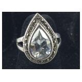 Pear Cut CZ Ring w/ Marcasite Halo, 4.5 grams ,