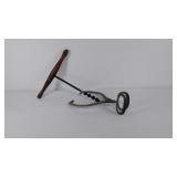 T handle wood auger and pair of ice tongs