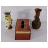 Wooden tissue box, and decorative vases.