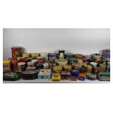 Large group of tins, includes Cracker Jacks,