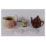 Glass pitchers and mug, with 6 drink coasters.