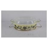 Pyrex oval casserole with lid and metal carrier,