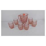 Pink depression glass pitcher and 6 glasses,