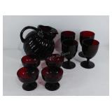 Ruby glass pitcher, 4 goblets, 4 sherbet dishes,