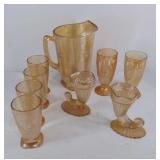 Marigold depression glass, pitcher, 4 ice tea