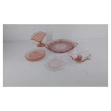 Group of pink depression glass pieces, six