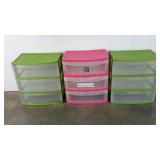 Three plastic storage bin towers