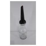 Glass quart oil bottle metal spout