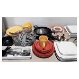 Dinnerware,  flatware,  cookware and trashcan