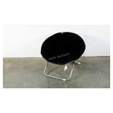 Plush moon/saucer chair, frame folds for storage