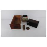 Wooden box, 2 wood drawers, 2 brass salvage