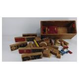 Group of wood blocks with steam train engines and