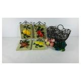 Fruit decor group, stone fruit, wire basket,