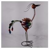 Metal works, colorful bird candle holder.