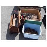 Collectors Box lot includes, chains, pulley,