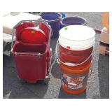 Mop bucket and four five gallon bucket, two lids