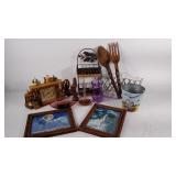 Decor lot, clock, wooden spoon & fork, glass