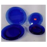 Blue glass plate set.