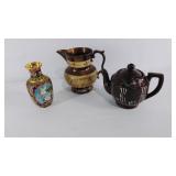 Lusterware pitcher, teapot, and Asian style vase