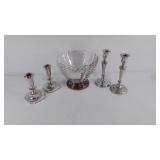 Glass bowl on silverplate stand, 2 pairs of