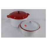 Two red and white enameled cooking pots with lids