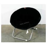 Plush moon/saucer chair, frame folds for storage