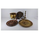 Brass and copper household items, pair wall