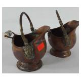 Two copper coal scuttle buckets with porcelain