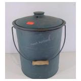 Metal pail with lid, 14" high, wood handle