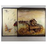 Two large canvas paintings, landscape and