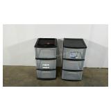 Two plastic storage bin towers
