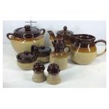 Kitchenware group, brown glaze dish set with