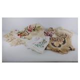 Embroidered and crochet linens, mantle scarf,
