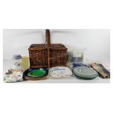 Picnic basket with food storage containers, paper