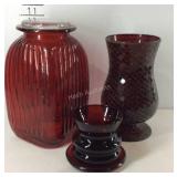 Glass decor- red mosaic vase, red canister, and