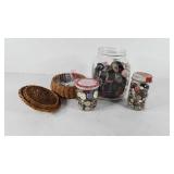 Sewing supplies, includes jar of spools of