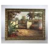 Large colorful picture on board, framed 46x36