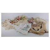 Embroidered and crochet linens, mantle scarf,