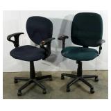 Upholstered office chairs, teal and blue,