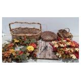 Fall decor group, baskets, wreaths and clock