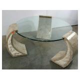 Glass coffee table, unique marble look supports,