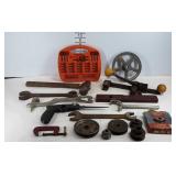 Tools, pulleys, drill bit set, Elkhart spanner