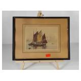 Early boats print, signed, framed,  17x13